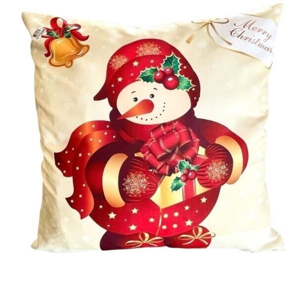 Christmas Snowman Pillow Cover 16x16 Red Gold Holly Gift Print Holiday Decor - Picture 1 of 11